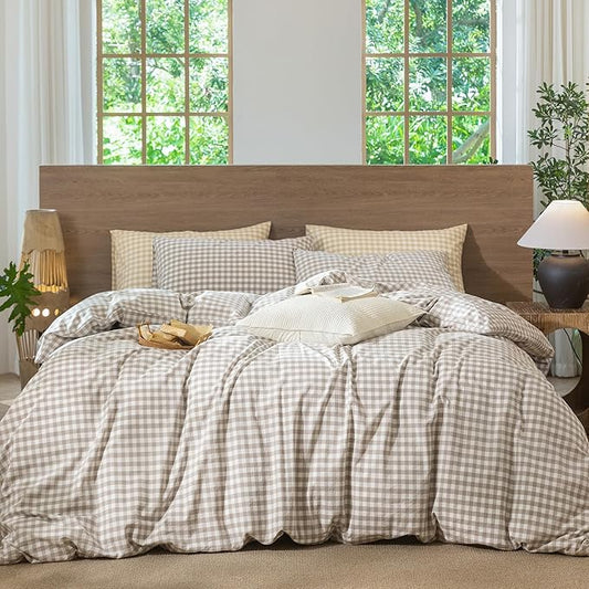 MooMee Gingham Duvet Cover Set 100% Washed Cotton Linen Like Textured Breathable Durable Soft Comfy Modern Checkered Design (Tannish Linen Grey Gingham, Twin 68"x90")