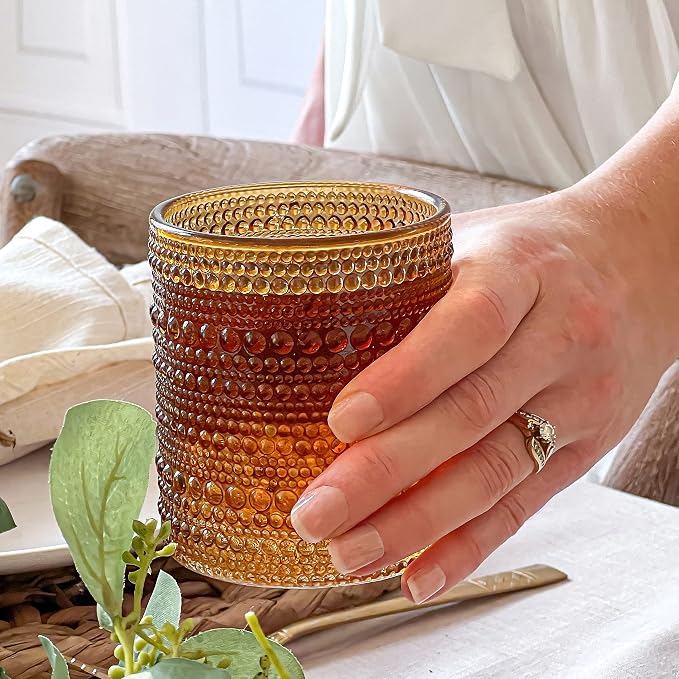 Kate Aspen Beaded Amber Drinking Glasses Set of 6-10 oz Vintage Glassware Jupiter Glasses, Cocktail Glass, Juice Glass, Water Cups Hostess Gift, Present, Gift for Newlyweds (Pack of 4)