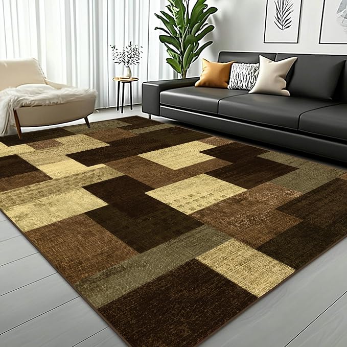 Modern Geometric Patchwork Indoor Area Rug for Living Room, Warm Taupe 4x6 Large Rug Rockwood Collection Hardwood Floors Decor for Bedroom, Taupe Throw Carpet for Office Entryway Dining Room