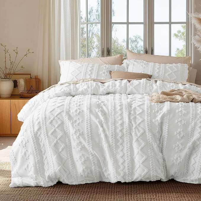 Bedsure Boho Duvet Cover Full Size, Soft & Comfortable Elegant Design Boho Bedding for Decoration, Machine Washable Comforter Cover for All Seasons,Includes 1 Duvet Cover & 2 Pillow Shams,White