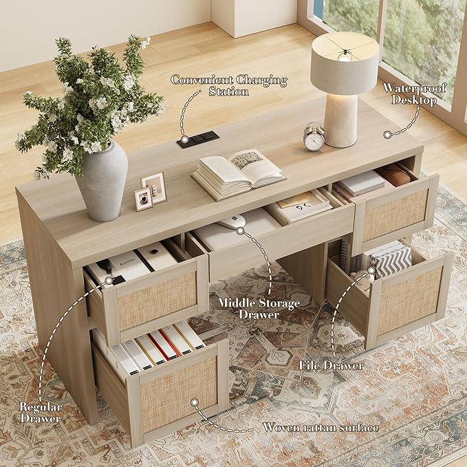 Yechen Executive Desk with 5 Drawers, 57" Modern Rattan Home Office Desk with Charging Station, File Drawer, Farmhouse Boho Computer Writing Desk for Study, Work, White