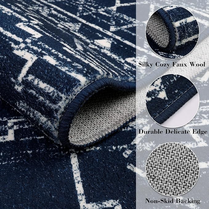 Wonnitar Moroccan Washable Area Rug 4x6, Blue Rugs for Living Room, Non-Slip Boho Bedroom Throw Mat, Non-Shedding Large Geometric Low Pile Floor Carpet for Home Office Mudroom Kitchen (Blue,4'x6')