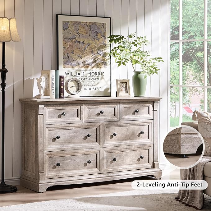 T4TREAM Farmhouse 7 Drawers Dresser for Bedroom, 54" Wide Wood Rustic Chest of Drawers w/Roman Column, Wooden Storage Dressers Organizer for Bedroom, Living Room, Light Rustic Oak