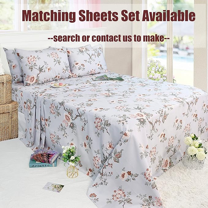 FADFAY Duvet Cover Set Full Elegant Floral Bedding Shabby Grey Bird Print Flower Quilt Cover Set Vintage Farmhouse Bedding 100% Cotton Soft Comforter Cover Set with Zipper Closure 3Pcs, Full Size