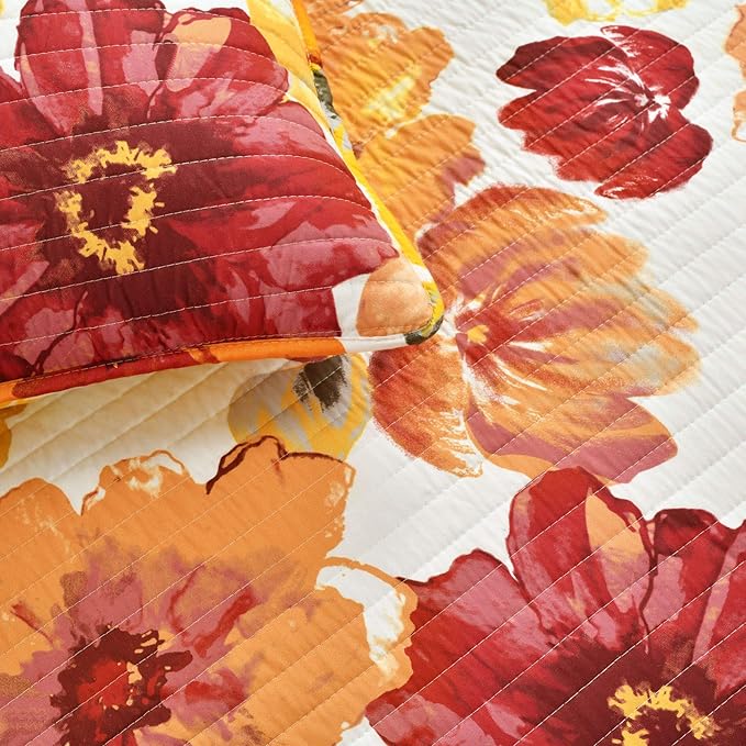 Lush Decor Leah Reversible Floral Quilt Set, 3 Piece Set, King, Red & Orange - Watercolor Botanical - Cottage Core - French Country Decor- Bedding Queen Size
