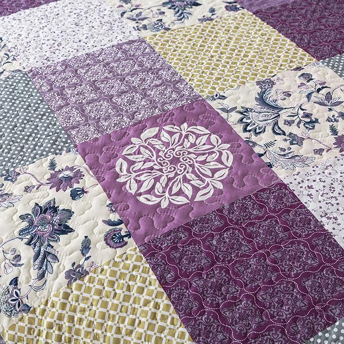 HoneiLife King Size Quilt Sets - 3 Pieces Microfiber Quilt Set Lightweight Bedspreads Reversible Coverlets Rustic Bed Cover King Quilt Bedding Set All Season Quilts-Beige & Purple