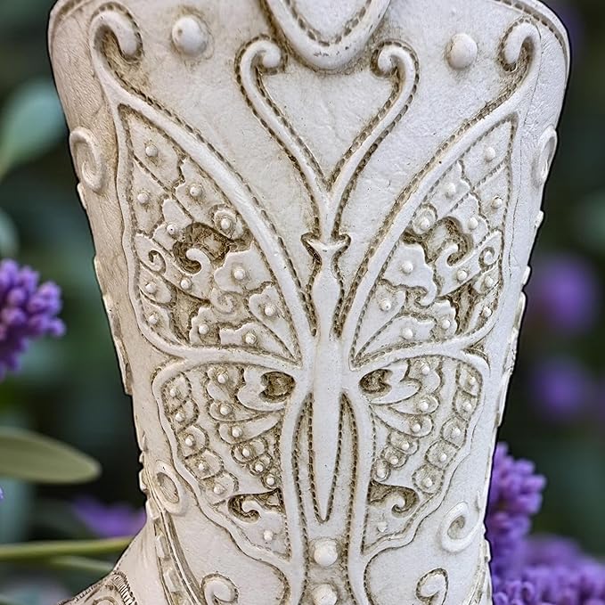 Top Brass Butterfly Boot Vase – Resin Cowboy/Cowgirl Boot Decor - Antique White Finish, Tooled Leather Look, Protective Pads, Modern Rustic Western Flower Holder, 7” Tall