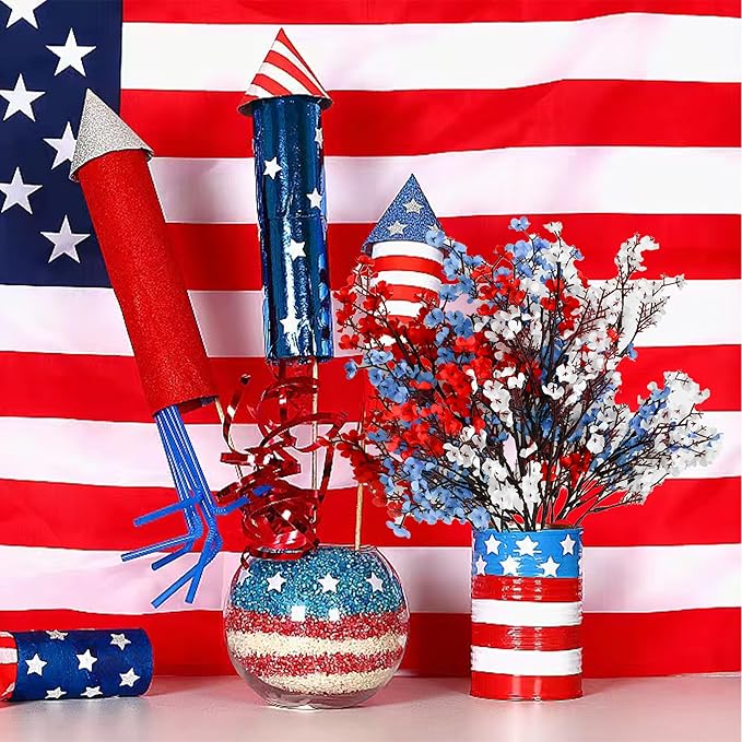 Mandy's Red White Blue Artificial Baby’s Breath European Flowers 6 Bundles Silk Gypsophila with Bendable Stems for Fall Thanksgiving & Christmas Centerpiece Wedding Decor and Table Arrangements