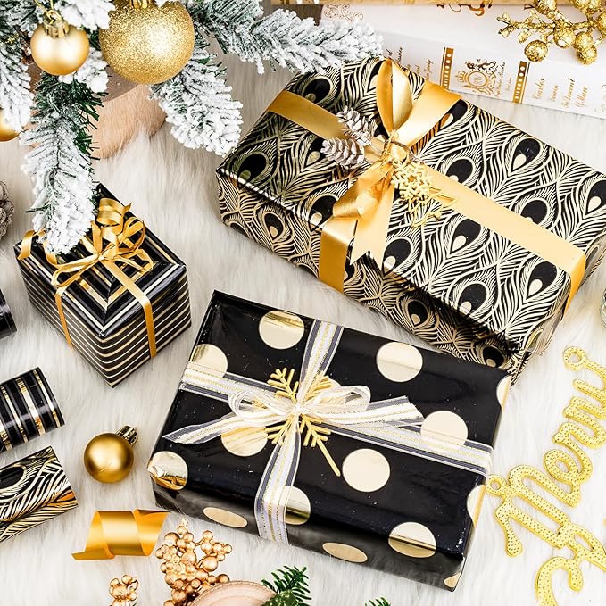 LeZakaa Black Gold Wrapping Paper, Luxury Metallic Gift Wrap with Polka Dots, Stripes & Peacock Feather Pattern for Birthday, Wedding, Bridal Shower, 17 x 120 inches 3 Rolls, Mini Roll