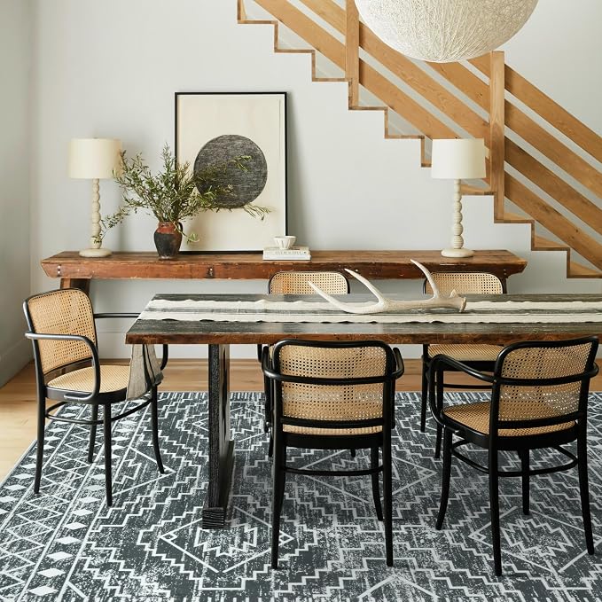 Wonnitar Moroccan 6x9 Area Rugs, Washable Grey Rugs for Living Room, Large Soft Bedroom Throw Rug, Non-Slip Stain Resistant Thin Boho Floor Carpet for Dining Room Home Office Decor (Dark Grey,6'x9')