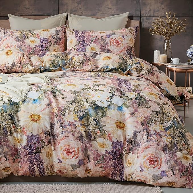 100% Cotton Duvet Cover King Size – Romantic Garden Impressionist Floral Duvet Cover Set with Zipper Closure, 3-Piece Luxury & Soft Bedding Set for All Seasons