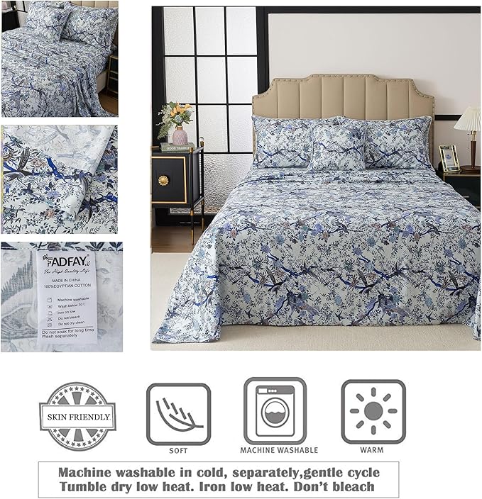 FADFAY Sheets Set Twin XL Botanical Bird Floral Bed Sheets Set Vintage Blue Farmhouse Bedding Shabby Branches Bedding Collections 100% Egyptian Cotton Breathable Soft Deep Pocket 4Pcs, Twin XL Size