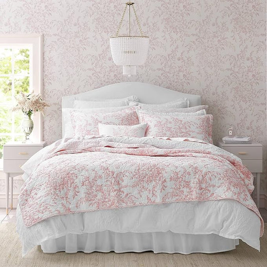 Laura Ashley - King Quilt Set, Soft & Reversible Cotton Floral Bedding with a Medium Weight Feel, 3 Piece Bed Set with Matching Pillowcases (Bedford Pink)