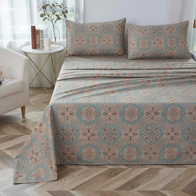 Brandream Boho Paisley Print Luxury Bedding Bohemian Damask Medallion King Size Sheet Set 800TC Egyptian Cotton Sateen Deep Pocket, 4 Piece, Taupe