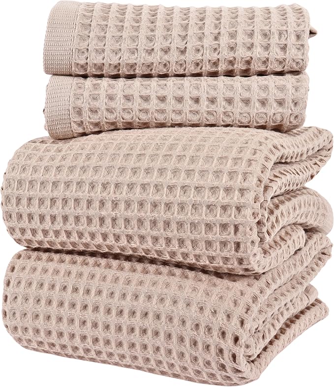 PÜSKÜL 4-Piece Natural 100% Turkish Cotton Luxury Waffle Towels for Bathroom | Premium Honeycomb Weave 2 Hand Towel & 2 Bath Towel Set | Soft Absorbent Quick-Dry Lightweight Towels (Beige)