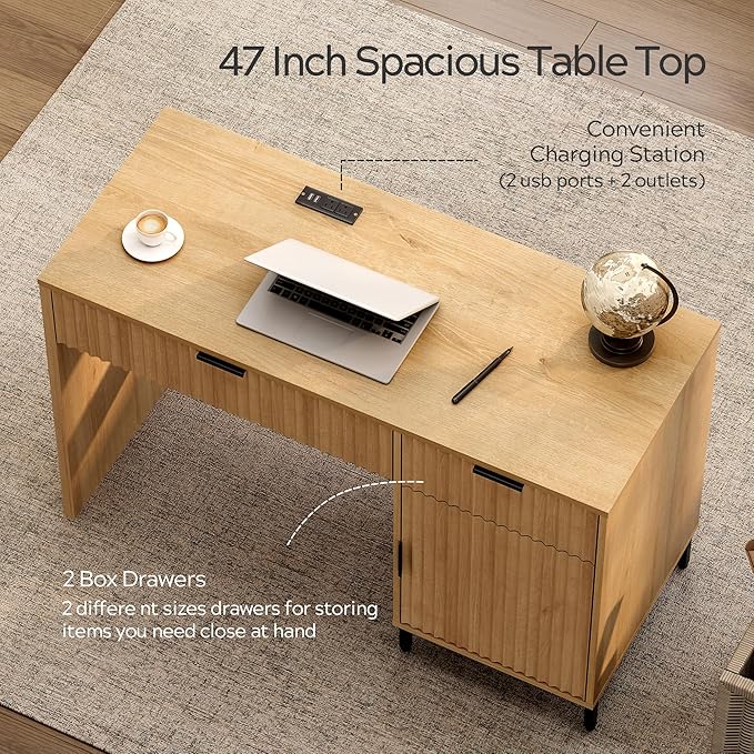 47" Fluted Executive Desk, Modern Wood Home Office Desk with Charging Station, Drawer & Cabinet, Computer Writing Desk for Work Study, Natural Oak