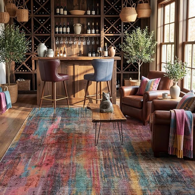 Kokia Abstract Area Rugs 9x12 Bedroom Washable Decor Low Pile Non-Slip Non-Shedding Indoor Brick Ochre Carpet Foldable Stain Resistant Floor Mat Living Room Dining Room, Oslo Cave