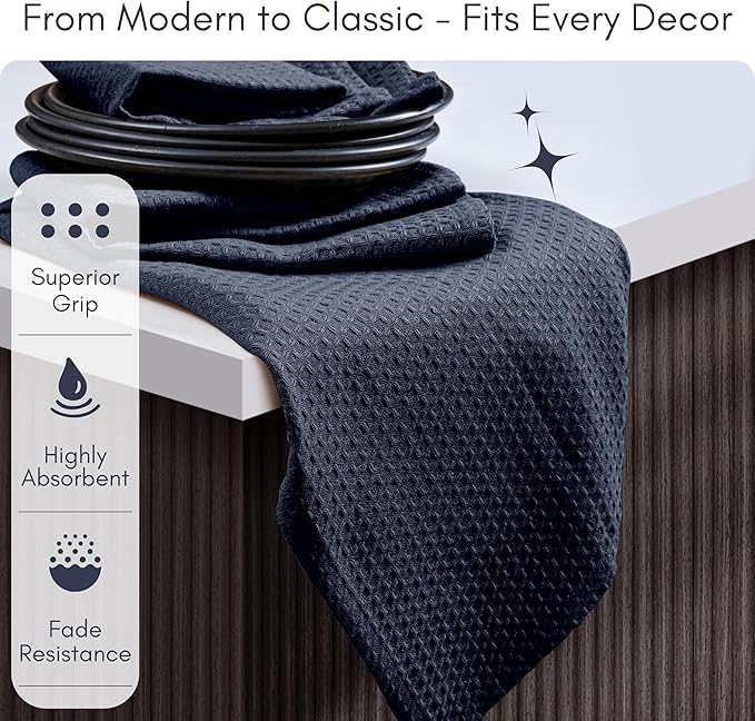TWINY threads Kitchen Towels Set of 4, 16x26 Inches, 100% Soft Cotton Waffle Weave Dish Towels, Absorbent Tea Towels with Hanging Loop, Washable Reusable Cloths for Cleaning and Dining, Navy