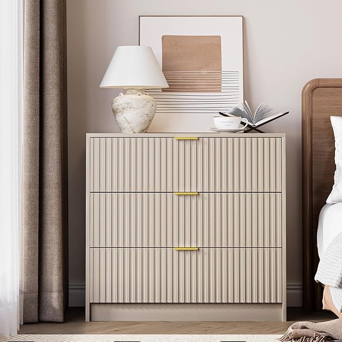 3-Piece Dresser Bedroom Set, 6 Drawer Dresser & 3 Drawer Nightstands with Gold Handles, Fluted Wood Chest of Drawers for Bedroom, Living Room, Entryway, Beige