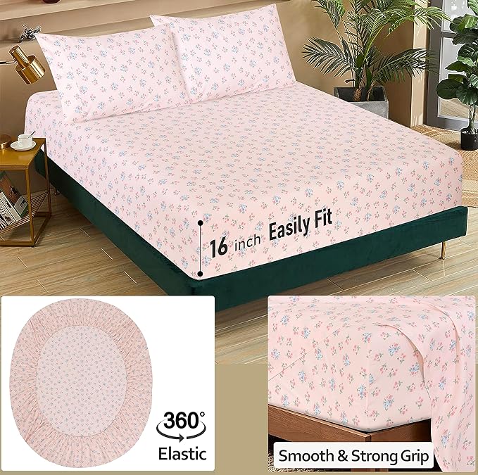 RUVANTI 100% Cotton Full Size Bed Sheets, 4 Pieces, Soft & Breathable Percale Weave Bedding, Deep Pocket 16", Hotel Standard, Crisp Cool Feel, Durable, Perfect Sheet Set Floral, Spring On