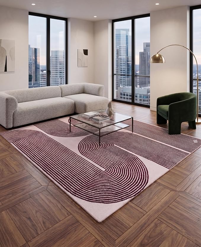 Modern Handmade Wool Area Rug, Abstract Curved Line Geometric Indoor Carpet for Living Room Bedroom, Contemporary Tufted Rug with Soft Pile and Cotton Backing (Deep Plum, 10' x 14')