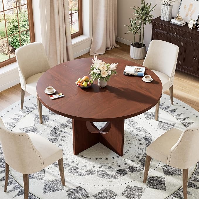 Garvee 47" Round Dining Table for 4-6 People - Circle Kitchen Dinner Table with Sturdy Pedestal Base, Space Saving Dinning Room Furniture for Living Room, Kitchen, Apartment, Walnut