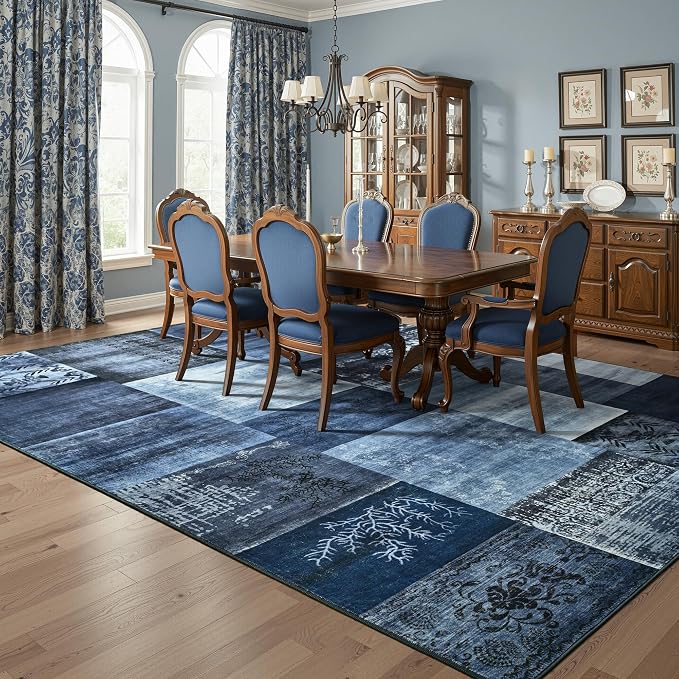 Tepook 5x7 Blue Area Rugs for Living Room, Modern Large Geometric Rug for Bedroom, Washable Patchwork Rug Indoor Non Slip Throw Carpets for Dining Room Office Farmhouse Home Decor