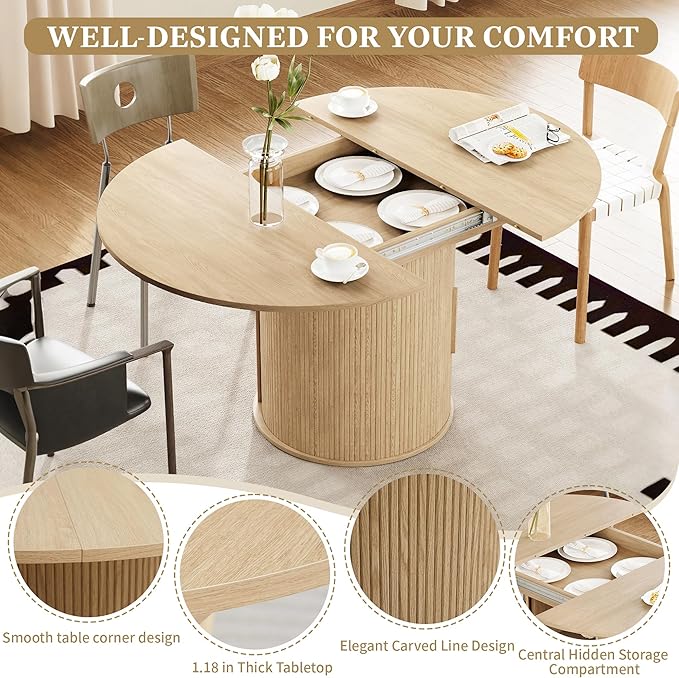 weselon 43"-59" Extendable Round to Oval Dining Table with Hidden Storage, Modern Wooden Kitchen Table with Fluted Sliding Door Cabinet, Expandable Dinner Table for Dining Room Living Room (Natural)