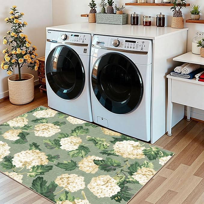 Spring Outdoor Rug - 28" x 43" Front Door Mat Indoor Outside Entrance Non-Slip Washable Outdoor Mat Sage Green Beige Flower Rug for Entryway Kitchen Bedroom Layered Doormat for Front Porch