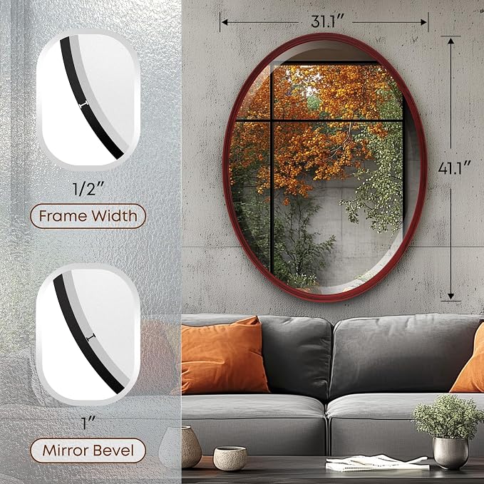 OVALCREST - Oval Wooden Beveled Wall Mirror for Home Decor, Bathroom, Vanity, Bedroom, Living Room, Hallway - London Style (Black Cherry) 41.1 x 31.1