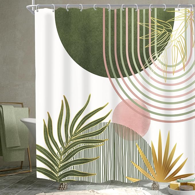 KOMLLEX Mid Century Sage Green Pink Boho Shower Curtain 72Wx72L Inches Abstract Modern Shower Curtains for Bathroom Plant Botanical Minimalist Arch Sun Fabric Liner Waterproof Polyester 12 Pack Hooks