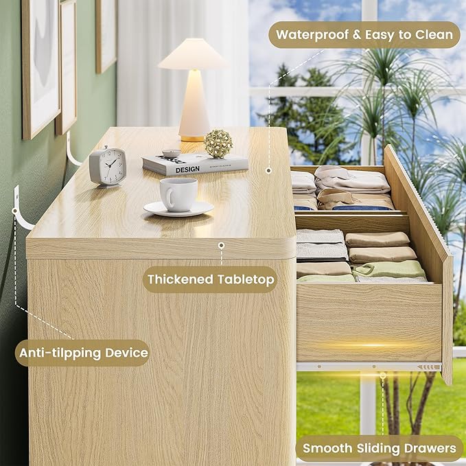 8 Drawer Dresser, Modern Fluted Dressers & Chest of Drawers for Bedroom, 48" Wide Dresser TV Stand with Deep Drawer, Curved Wood Organizer for Bedroom, Living Room, Hallway, Natural