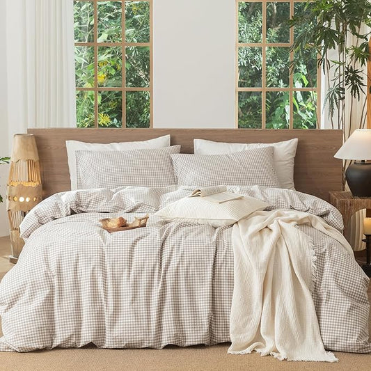 MooMee Gingham Duvet Cover Set 100% Washed Cotton Linen Like Textured Breathable Durable Soft Comfy Modern Checkered Design (Mini Gingham Tannish Linen Grey, Palatial King/Oversized King 120"x98")