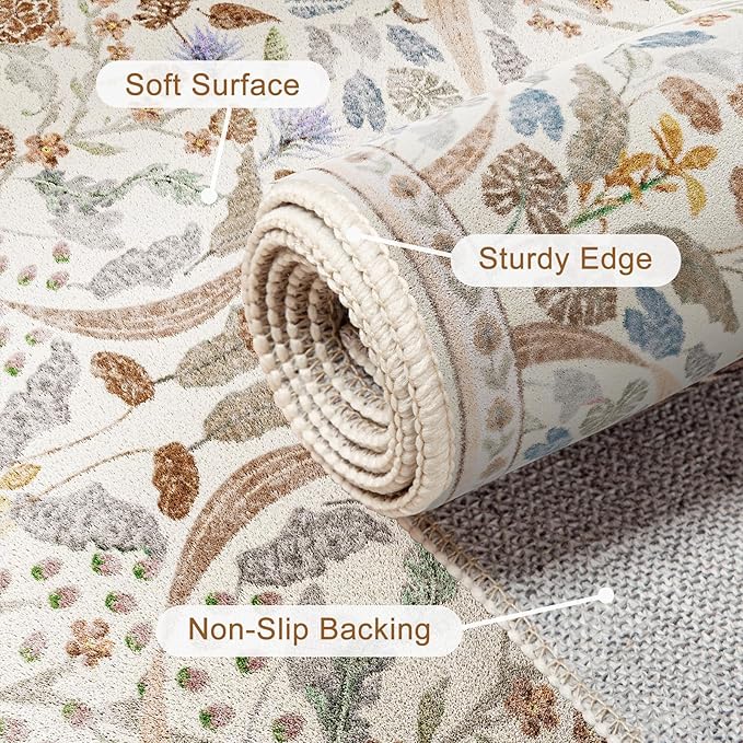 AMTOVO 2.7x8 Runner Rug for Hallway, Washable Non-Slip Long Kitchen Carpet, Floral Vintage Distressed Floor Mat for Hallways Entryway Living Room Laundry Room Bathroom Farmhouse, Beige