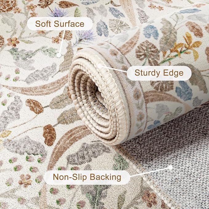 AMTOVO 2x3 Washable Entryway Area Rug Door Mat, Vintage Boho Floral Distressed Print Non-Slip Carpet, Small Throw Rug for Indoor Entrance Kitchen Bedroom Bathroom Laundry Floor, Beige