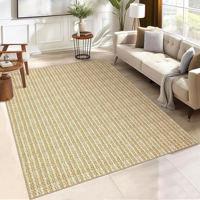 9x12 Area Rug Washable Modern Braided Rug for Living Room Low Pile Soft Bedroom Rugs Non Slip Modern Indoor Large Carpet Thin Foldable Distressed Woven Print Carpet for Nursery Dining Playroom, Camel