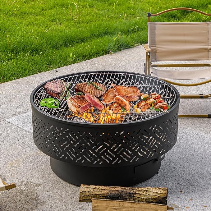 OutVue 26" Wood Burning Fire Pits with Grill & Lid, Fire Pit Table for Outside with Waterproof Cover & Fire Poker, Outdoor Firepit with Functions for BBQ,Table and Bonfire