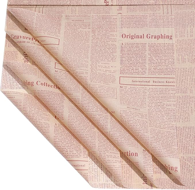 FWSA WRAPS Vintage Newspaper Tissue Paper Sheets Flower Wrapping Paper for Bouquets 28pcs Kraft Paper with Red Classic Newsprint Paper Party Wedding Home Decoration 27.5x19.7 Inch (4 kraft red)
