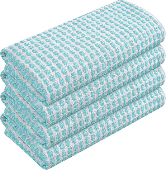TWINY threads Circle Waffle Dish Towels 4 Pack, 16x26 Inches, 100% Cotton, Soft, Absorbent, Quick Dry, Everyday Wash Rags, Suitable for Glass Cleaning, Drying Dishes, Kitchen Essentials, Water Blue