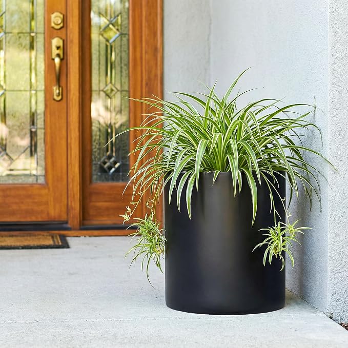 FaithLand 12 Inch Fiberstone Planter - Lightweight Modern Cylinder Plant Pot with Drainage Hole & Plug, Indoor Outdoor Use, Matte Black