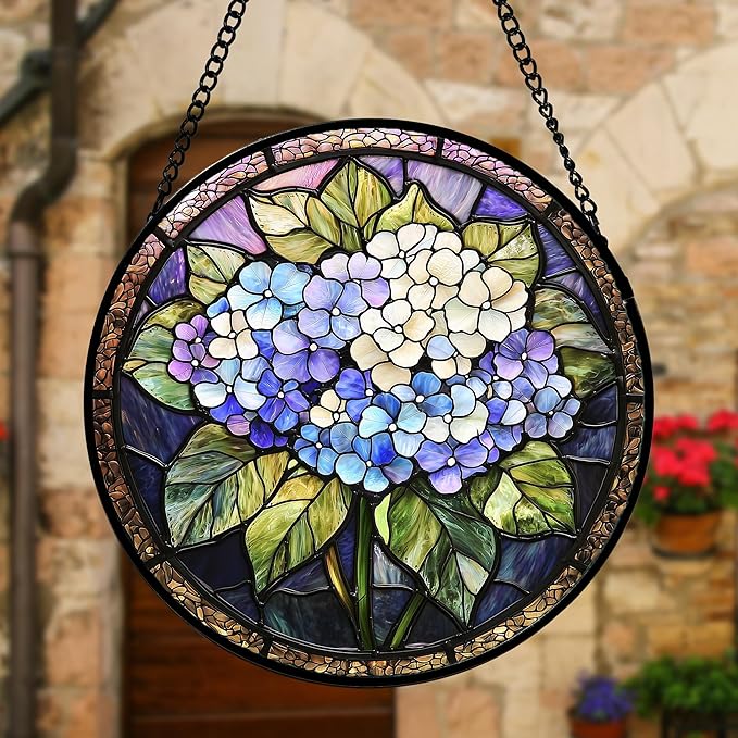 Stained Glass Window Hanging, Hydrangea Flowers Sun Catchers Diamond Glass Panel Hangings Plant Suncatcher Decor for Birthday for Women, Men, Wife, Aunt, and Mom 9.8 in