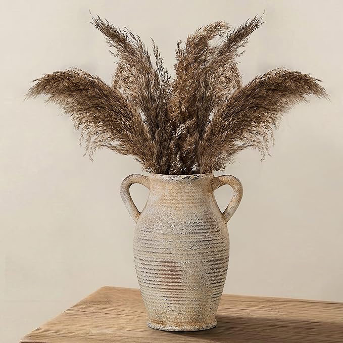 Large Ceramic Rustic Vase with 2 Handles, 9.8 inch Whitewashed Terra Cotta Decorative Pottery Flower Vase for Home Decor, Living Room, Shelf Decor, Enterway, Table Decoration, Gray