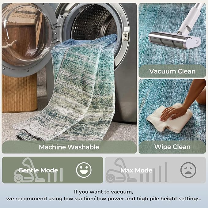 Kokia Abstract Teal Area Rugs 6x9 Boho Washable Distressed Retro Indoor Floor Rug Multicolor Low Pile Non-Slip Non-Shedding Carpet Bedroom Living Room Dining Room, Blue and Green