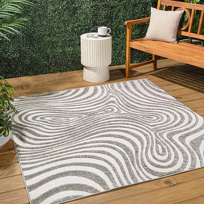 JONATHAN Y Maribo High-Low Abstract Striped Gray/Ivory 7x7 Square Indoor/Outdoor Area Rug, Pet Friendly, Non-Shedding, Stain Resistant, Easy-Cleaning for Backyard, Patio, Porch (SCN103B-7SQ)