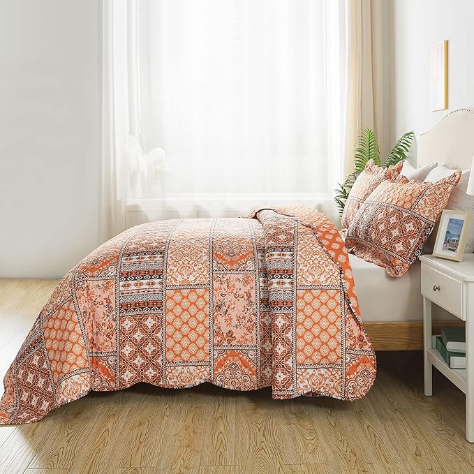 HoneiLife Vintage Quilt Sets Queen - 3 Pieces Microfiber Quilt Sets Lightweight Bedspreads Floral Coverlets Retro Bed Cover All Season Quilts-Pumpkin