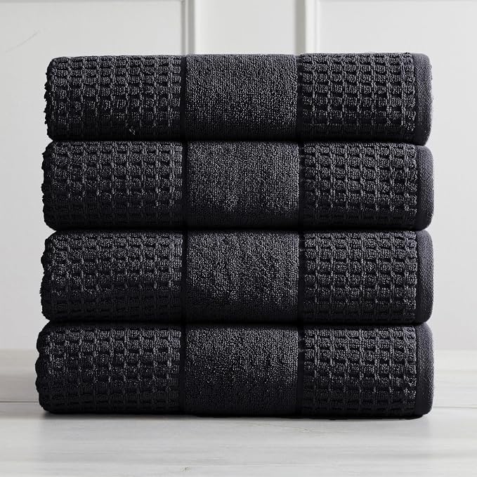 Market & Place 100% Cotton Super Soft Luxury Bath Towel Set | Quick-Dry and Highly Absorbent | Waffle Textured | 550 GSM | Includes 4 Bath Towels | Harper Collection (Black)