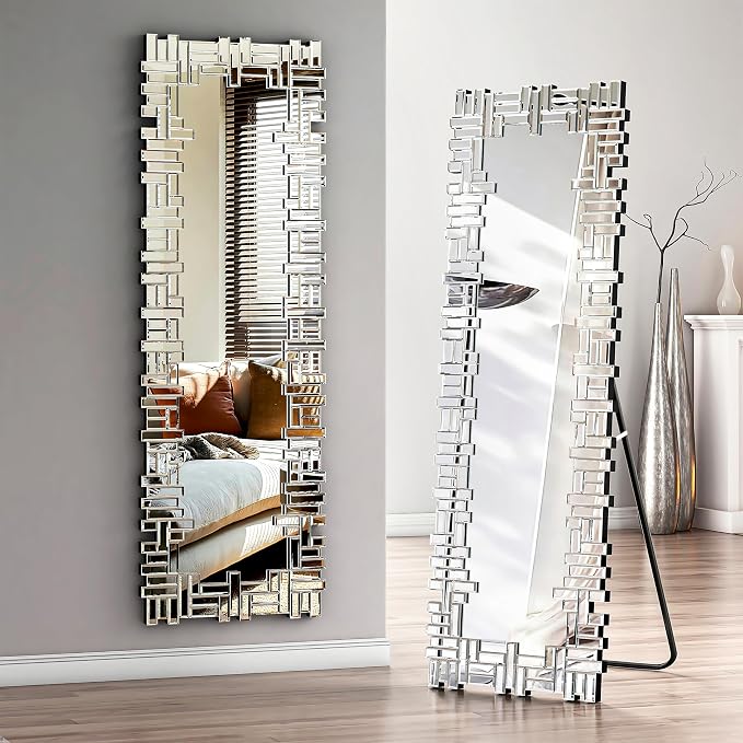 KOHROS 63"x 21" Full Length Mirror, Venetian Floor Mirror with Mirrored Frame, Glam Freestanding Leaning Wall Mirror for Bedroom Living Room Decor (Silver)