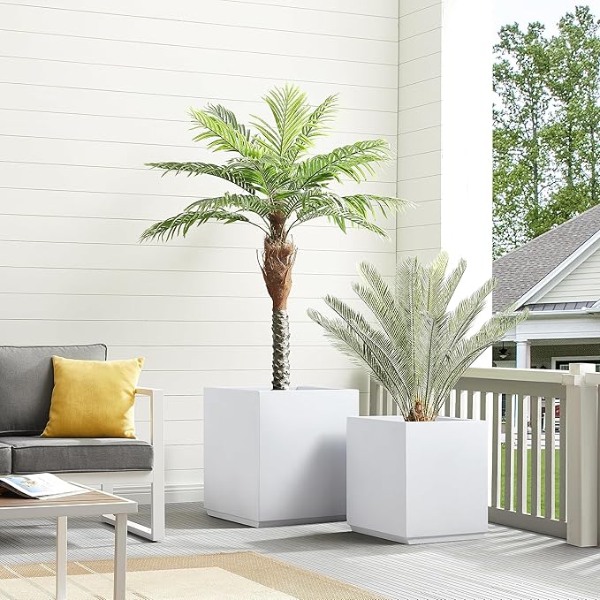 Wallowa Metallic Heavy Planter Box for Outdoor or Indoor, No Assemble and Seamless, Large Square Planter, Cube Planter for Tall Trees, Plants, Flowers 21Lx21Wx24H 35Pounds White