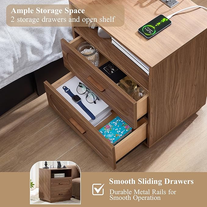 Walnut Night Stand Set of 2 with Charging Station, 25.8" Tall Wood End Table with 2 Storage Drawers and Open Shelf, Mid Century Modern Bedside Table for Bedroom, Living Room, Walnut