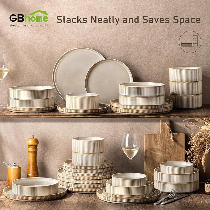 GBHOME 12-Piece Stoneware Dinnerware Set for 4 – Ribbed Ceramic Plates and Bowls, Scratch-Resistant, Microwave & Dishwasher Safe, Reactive Glaze, Cappuccino